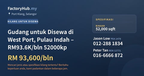 Kilang Untuk Disewa - Gudang untuk Disewa di West Port, Pulau Indah – RM93.6K/bln 52000kp - Port Klang, Selangor