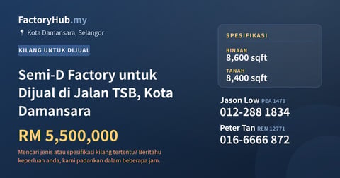 Kilang Untuk Dijual - Semi-D Factory untuk Dijual di Jalan TSB, Kota Damansara - Kota Damansara, Selangor