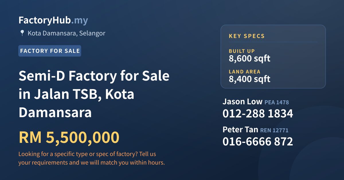 Factory For Sale - Semi-D Factory for Sale in Jalan TSB, Kota Damansara - Kota Damansara, Selangor