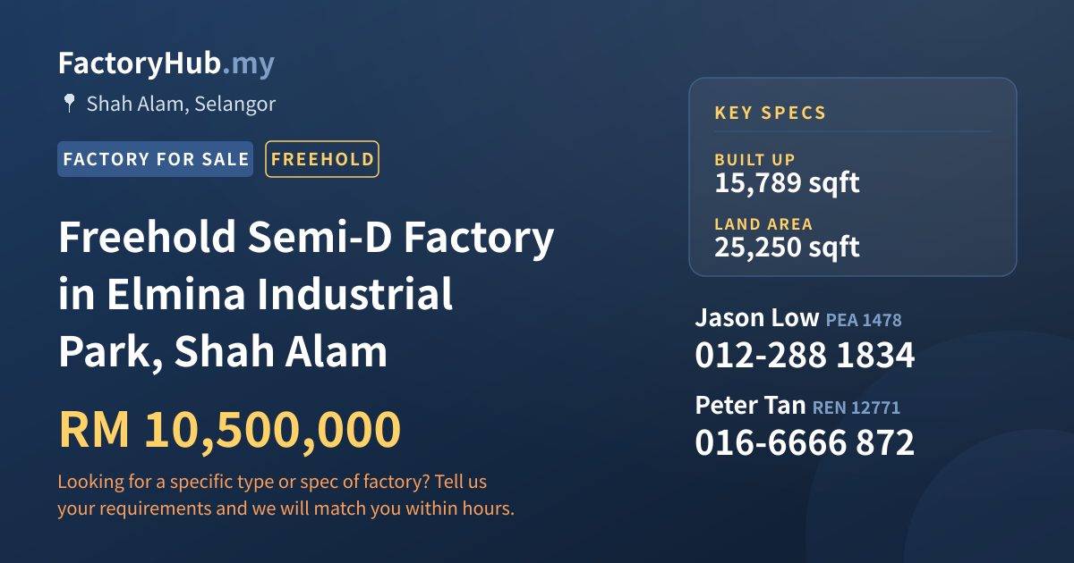 Factory For Sale - Freehold Semi-D Factory in Elmina Industrial Park, Shah Alam - Shah Alam, Selangor