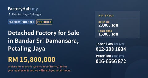 Factory For Sale - Detached Factory for Sale in Bandar Sri Damansara, Petaling Jaya - Petaling Jaya, Selangor