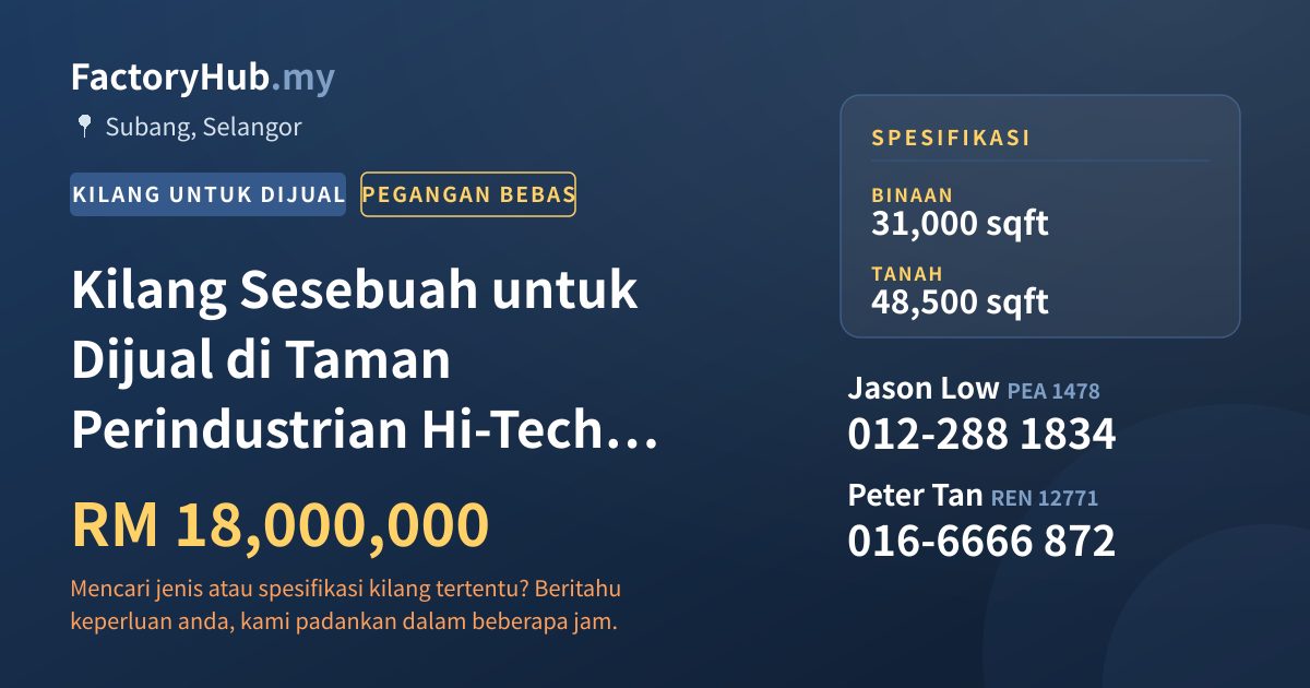 Kilang Untuk Dijual - Kilang Sesebuah untuk Dijual di Taman Perindustrian Hi-Tech Subang, Subang Jaya - Subang, Selangor