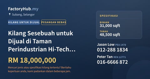 Kilang Untuk Dijual - Kilang Sesebuah untuk Dijual di Taman Perindustrian Hi-Tech Subang, Subang Jaya - Subang, Selangor