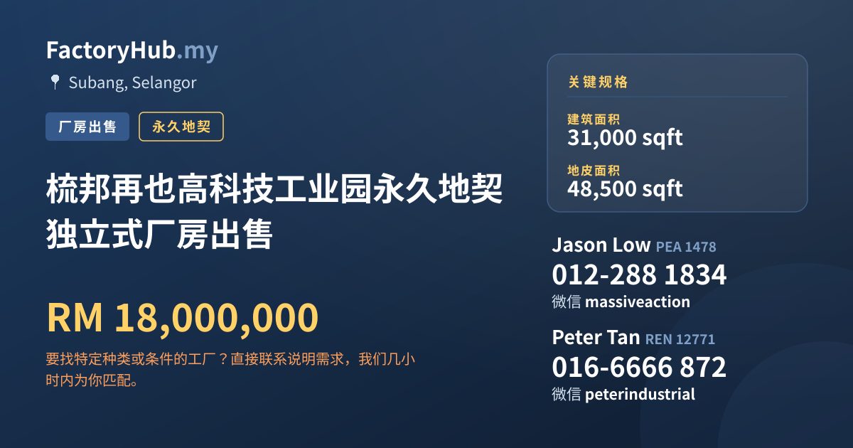 工厂 出售 - 梳邦再也高科技工业园永久地契独立式厂房出售 - Subang, Selangor