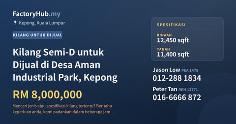 Kilang Untuk Dijual - Kilang Semi-D untuk Dijual di Desa Aman Industrial Park, Kepong - Kepong, Kuala Lumpur
