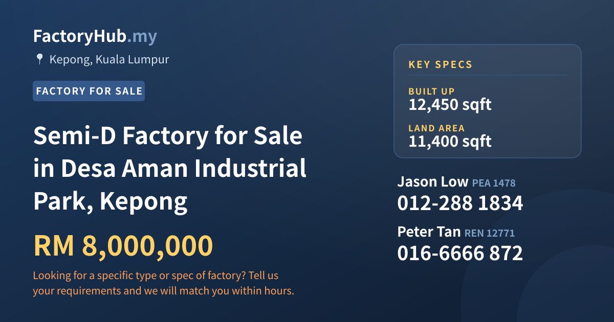 Factory For Sale - Semi-D Factory for Sale in Desa Aman Industrial Park, Kepong - Kepong, Kuala Lumpur
