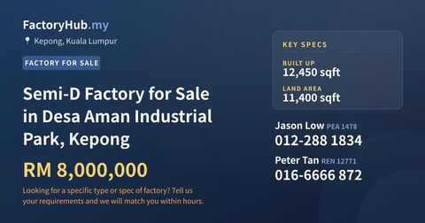 Factory For Sale - Semi-D Factory for Sale in Desa Aman Industrial Park, Kepong - Kepong, Kuala Lumpur