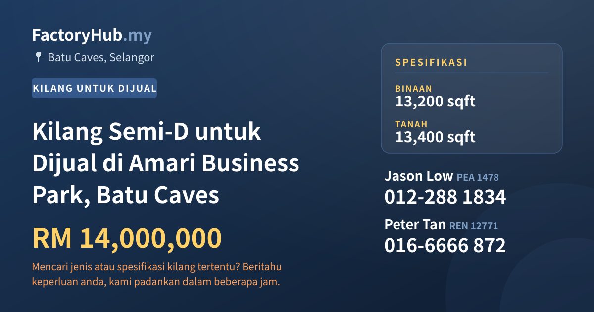 Kilang Untuk Dijual - Kilang Semi-D untuk Dijual di Amari Business Park, Batu Caves - Batu Caves, Selangor