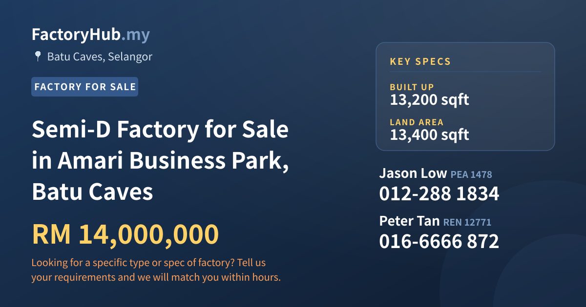Factory For Sale - Semi-D Factory for Sale in Amari Business Park, Batu Caves - Batu Caves, Selangor