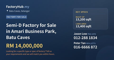 Factory For Sale - Semi-D Factory for Sale in Amari Business Park, Batu Caves - Batu Caves, Selangor