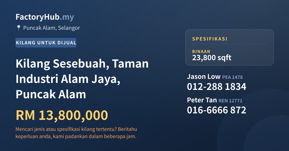 Kilang Untuk Dijual - Kilang Sesebuah, Taman Industri Alam Jaya, Puncak Alam - Puncak Alam, Selangor