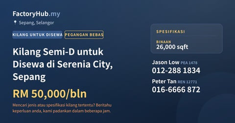 Kilang Untuk Disewa - Kilang Semi-D untuk Disewa di Serenia City, Sepang - Sepang, Selangor