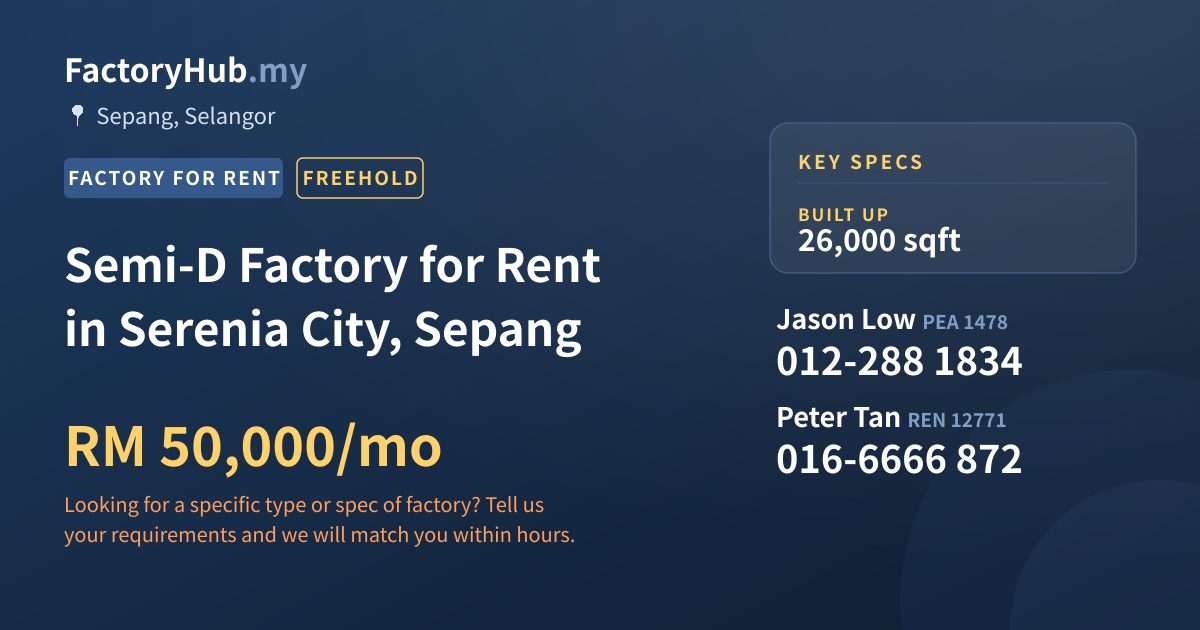 Factory For Rent - Semi-D Factory for Rent in Serenia City, Sepang - Sepang, Selangor