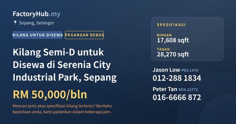Kilang Untuk Disewa - Kilang Semi-D untuk Disewa di Serenia City Industrial Park, Sepang - Sepang, Selangor
