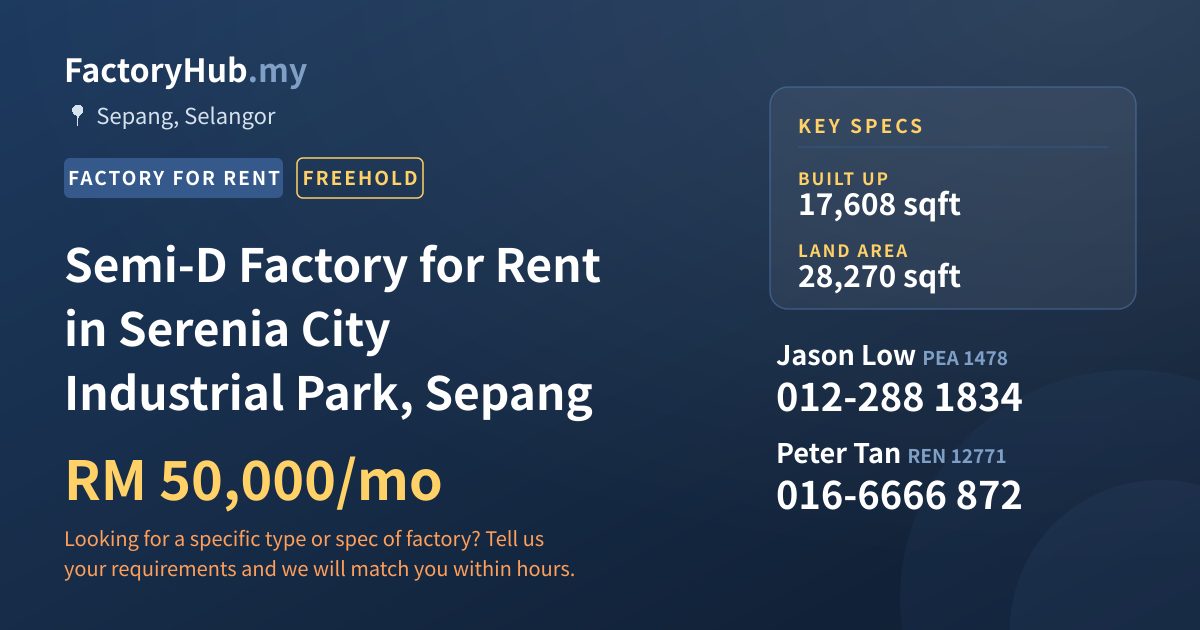 Factory For Rent - Semi-D Factory for Rent in Serenia City Industrial Park, Sepang - Sepang, Selangor