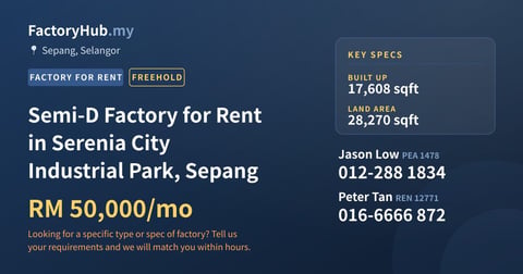 Factory For Rent - Semi-D Factory for Rent in Serenia City Industrial Park, Sepang - Sepang, Selangor