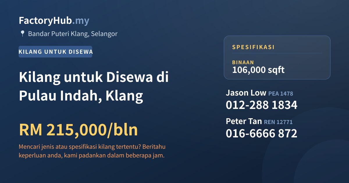 Kilang Untuk Disewa - Kilang untuk Disewa di Pulau Indah, Klang - Bandar Puteri Klang, Selangor