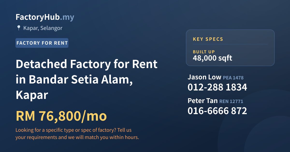 Factory For Rent - Detached Factory for Rent in Bandar Setia Alam, Kapar - Kapar, Selangor