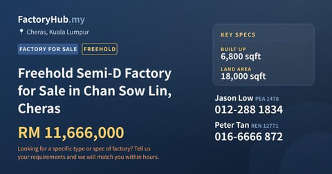 Factory For Sale - Freehold Semi-D Factory for Sale in Chan Sow Lin, Cheras - Cheras, Kuala Lumpur
