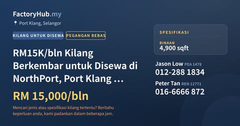 Kilang Untuk Disewa - RM15K/bln Kilang Berkembar untuk Disewa di NorthPort, Port Klang – 4900kp - Port Klang, Selangor