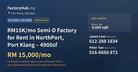 Factory For Rent - RM15K/mo Semi-D Factory for Rent in NorthPort, Port Klang – 4900sf - Port Klang, Selangor