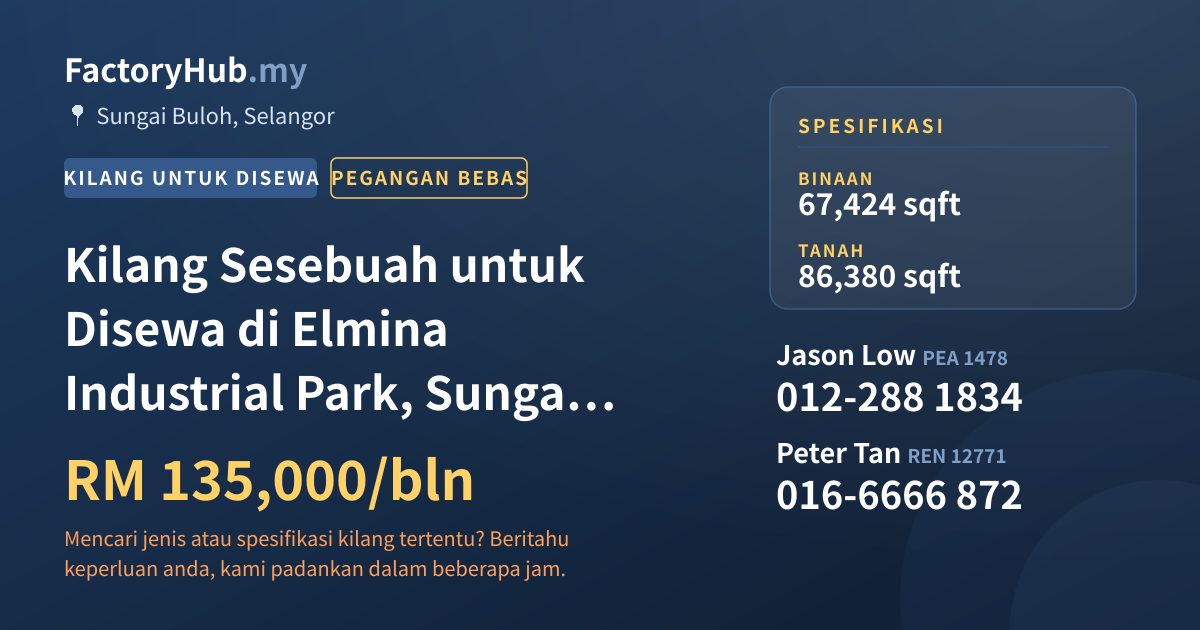 Kilang Untuk Disewa - Kilang Sesebuah untuk Disewa di Elmina Industrial Park, Sungai Buloh - Sungai Buloh, Selangor