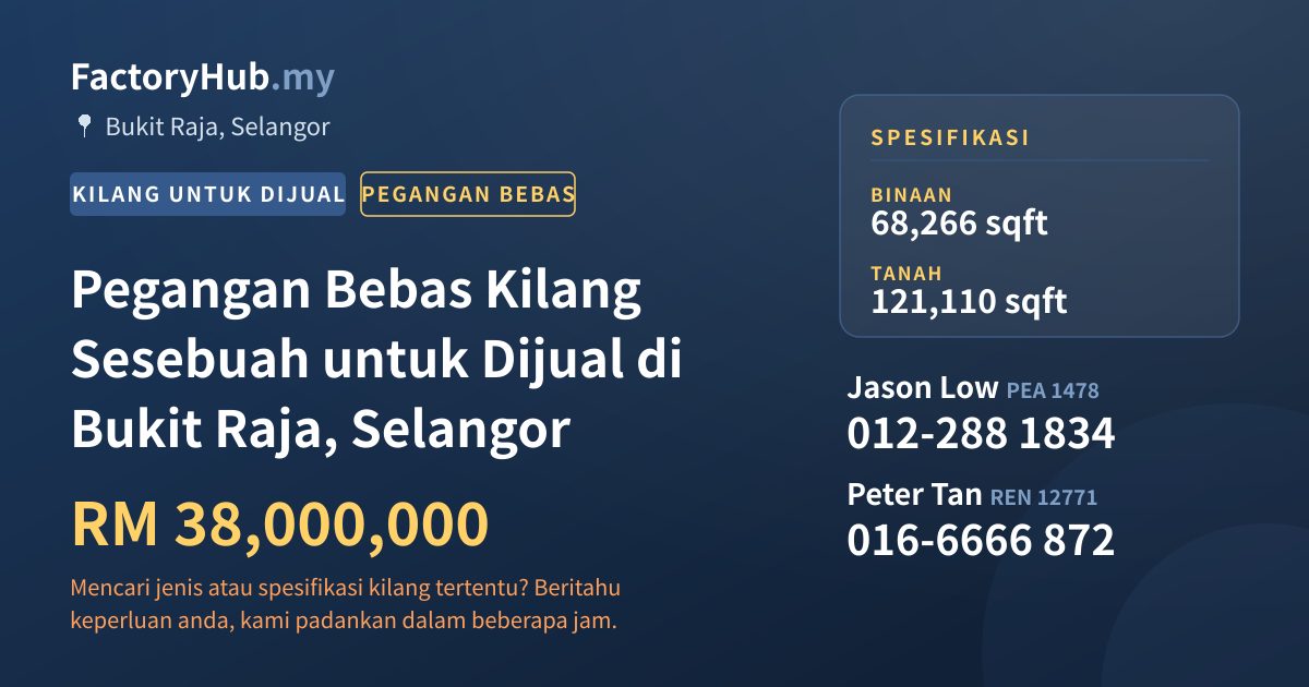 Kilang Untuk Dijual - Pegangan Bebas Kilang Sesebuah untuk Dijual di Bukit Raja, Selangor - Bukit Raja, Selangor