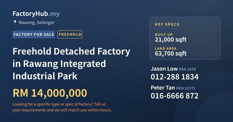 Factory For Sale - Freehold Detached Factory in Rawang Integrated Industrial Park - Rawang, Selangor