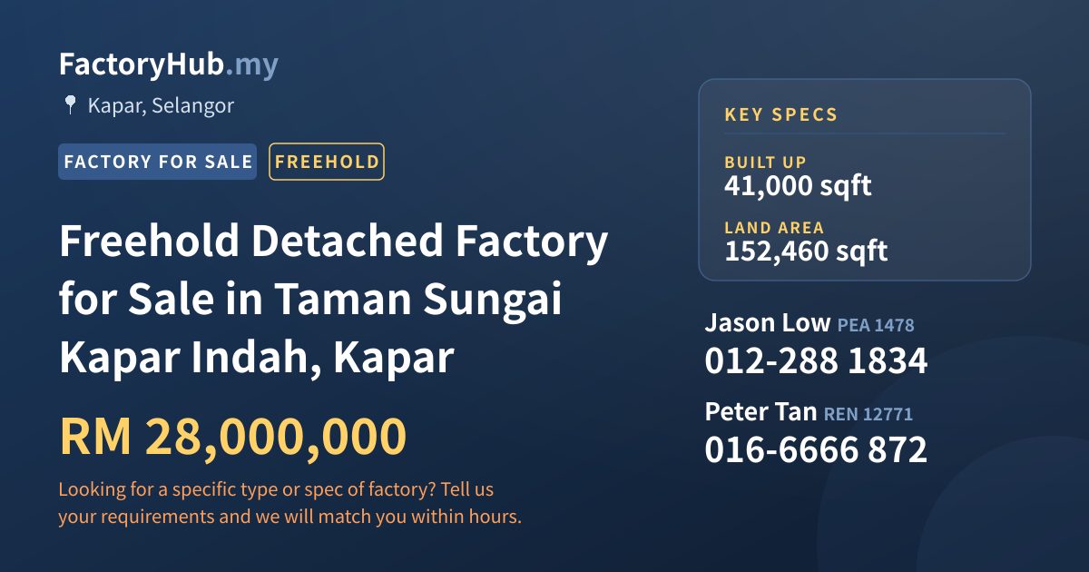Factory For Sale - Freehold Detached Factory for Sale in Taman Sungai Kapar Indah, Kapar - Kapar, Selangor