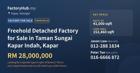 Factory For Sale - Freehold Detached Factory for Sale in Taman Sungai Kapar Indah, Kapar - Kapar, Selangor