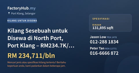 Kilang Untuk Disewa - Kilang Sesebuah untuk Disewa di North Port, Port Klang – RM234.7K/bln 131895kp - Port Klang, Selangor