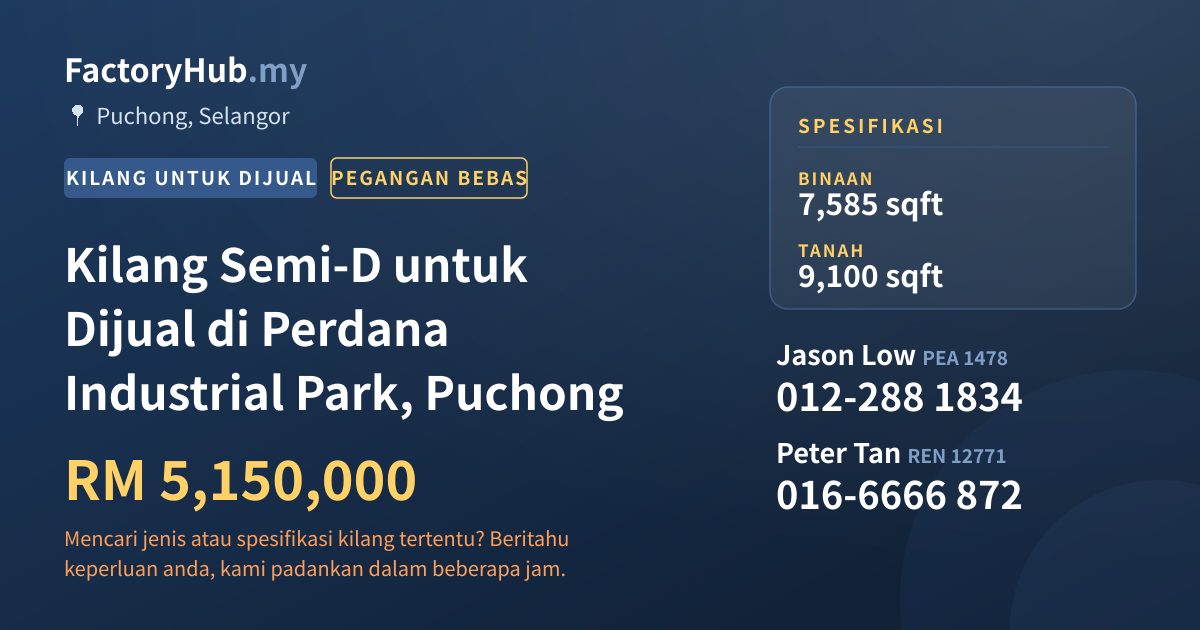 Kilang Untuk Dijual - Kilang Semi-D untuk Dijual di Perdana Industrial Park, Puchong - Puchong, Selangor