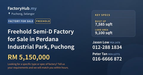 Factory For Sale - Freehold Semi-D Factory for Sale in Perdana Industrial Park, Puchong - Puchong, Selangor