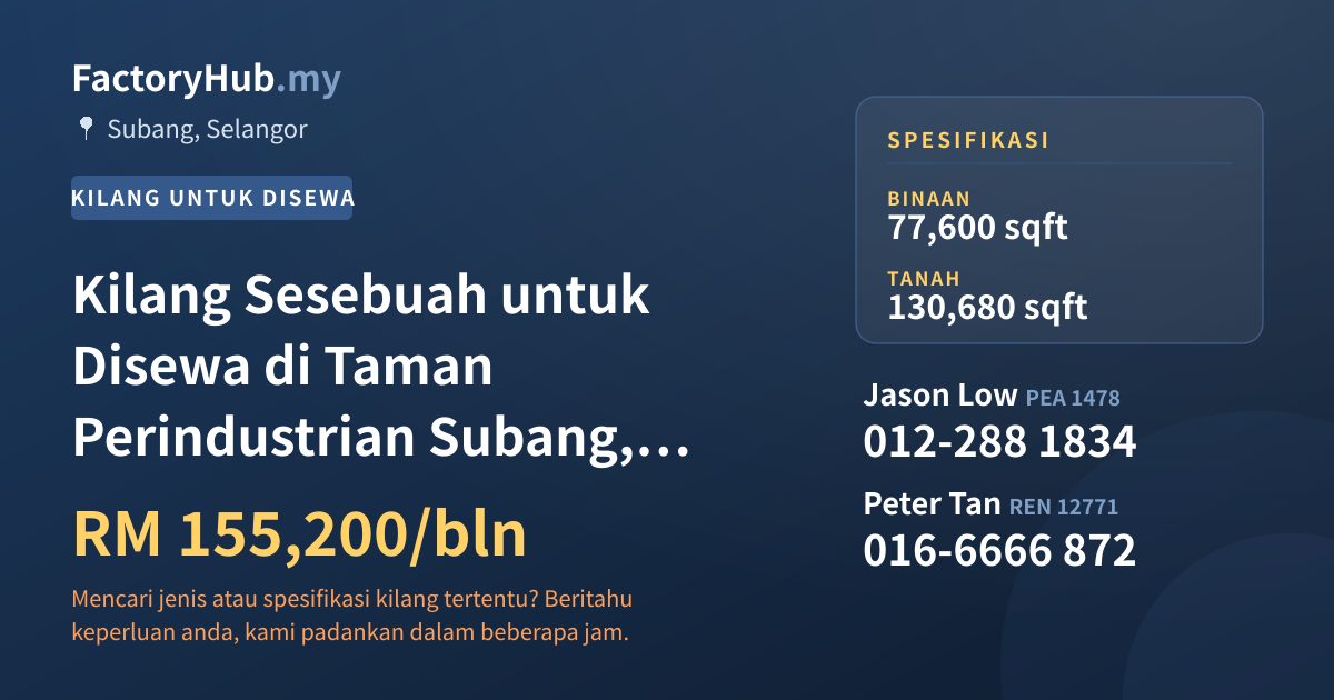 Kilang Untuk Disewa - Kilang Sesebuah untuk Disewa di Taman Perindustrian Subang, Subang Jaya - Subang, Selangor