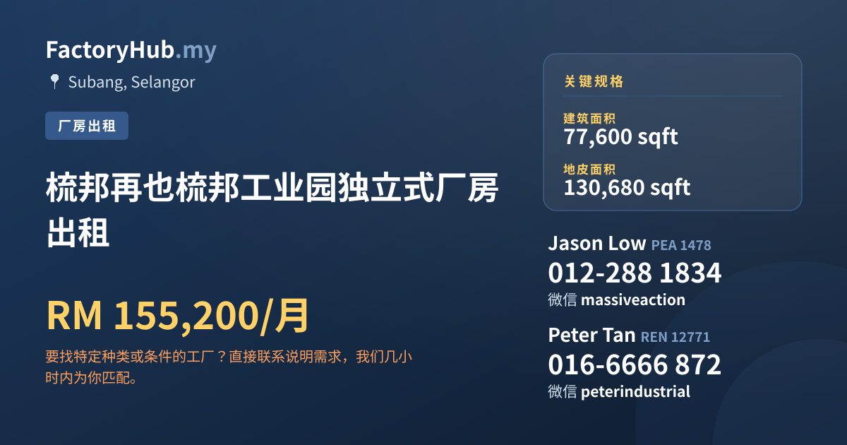 工厂 出租 - 梳邦再也梳邦工业园独立式厂房出租 - Subang, Selangor