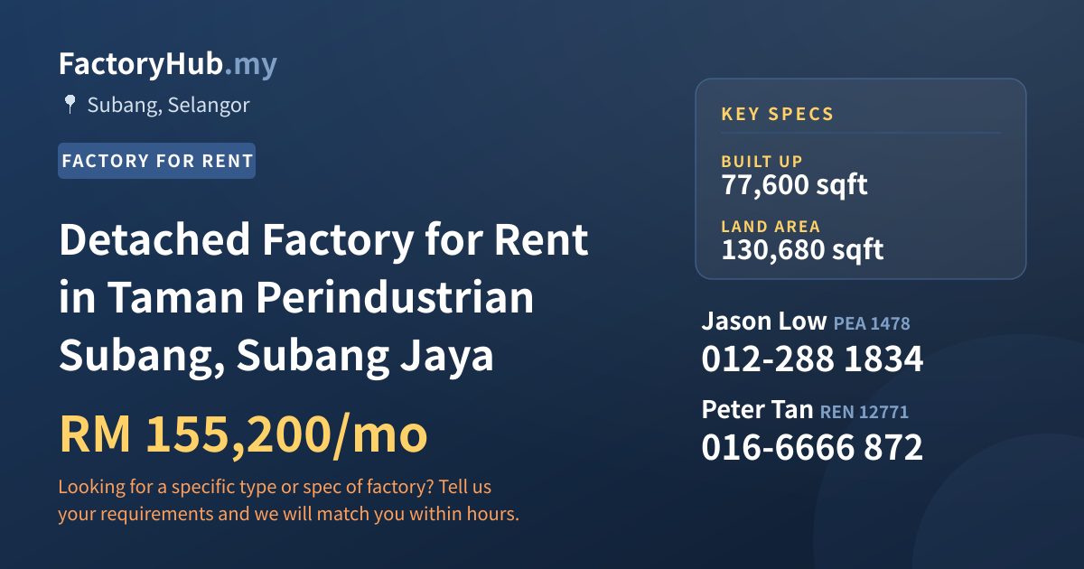 Factory For Rent - Detached Factory for Rent in Taman Perindustrian Subang, Subang Jaya - Subang, Selangor