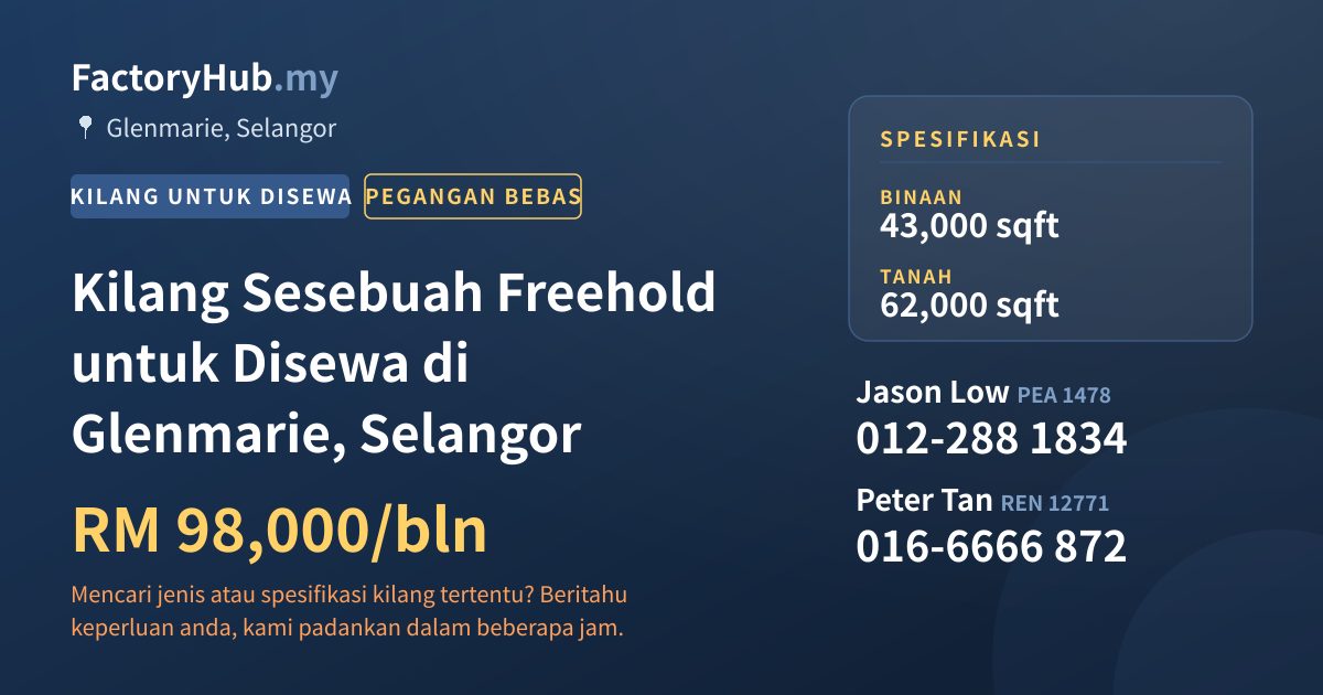 Kilang Untuk Disewa - Kilang Sesebuah Freehold untuk Disewa di Glenmarie, Selangor - Glenmarie, Selangor