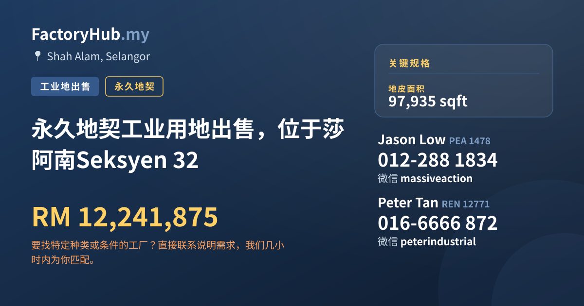 土地 出售 - 永久地契工业用地出售，位于莎阿南Seksyen 32 - Shah Alam, Selangor