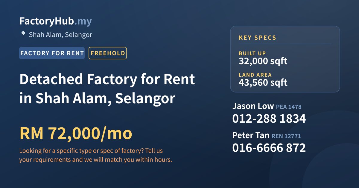 Factory For Rent - Detached Factory for Rent in Shah Alam, Selangor - Shah Alam, Selangor