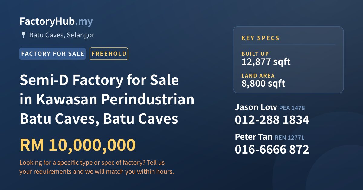 Factory For Sale - Semi-D Factory for Sale in Kawasan Perindustrian Batu Caves, Batu Caves - Batu Caves, Selangor