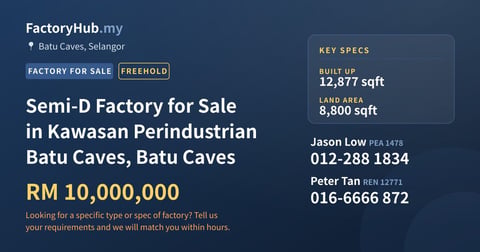 Factory For Sale - Semi-D Factory for Sale in Kawasan Perindustrian Batu Caves, Batu Caves - Batu Caves, Selangor