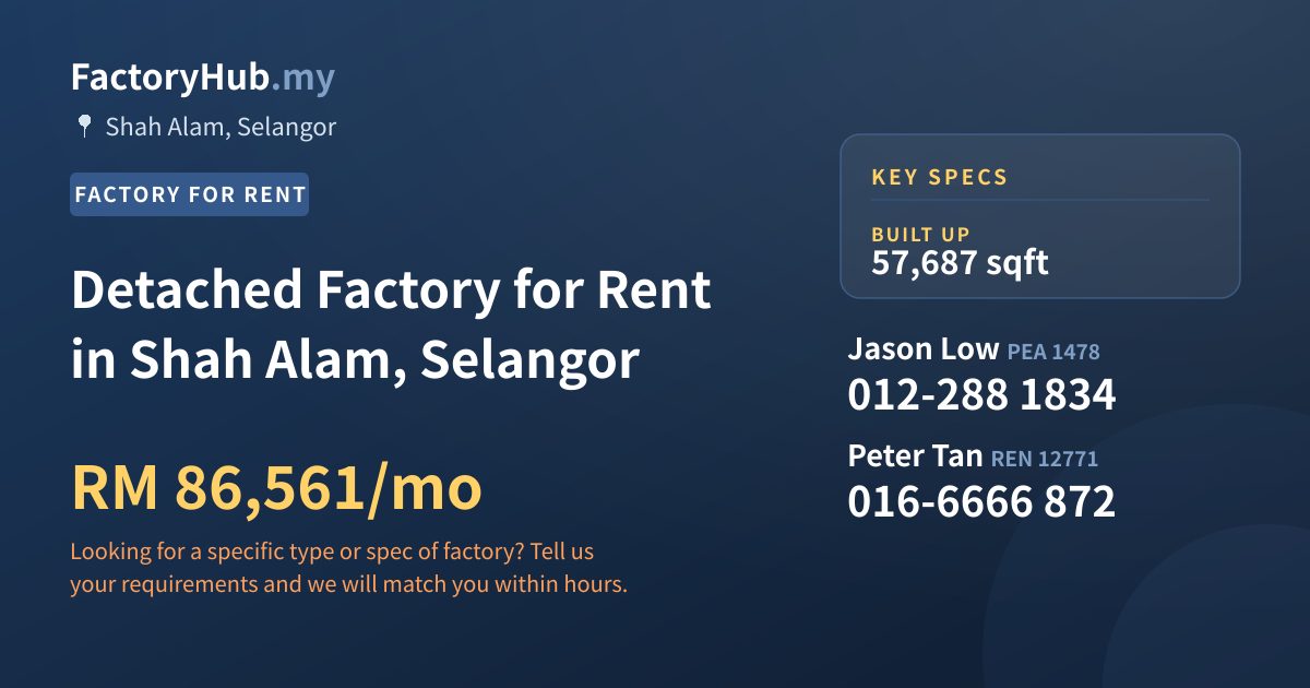 Factory For Rent - Detached Factory for Rent in Shah Alam, Selangor - Shah Alam, Selangor