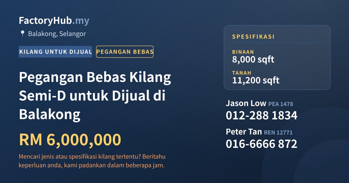 Kilang Untuk Dijual - Pegangan Bebas Kilang Semi-D untuk Dijual di Balakong - Balakong, Selangor