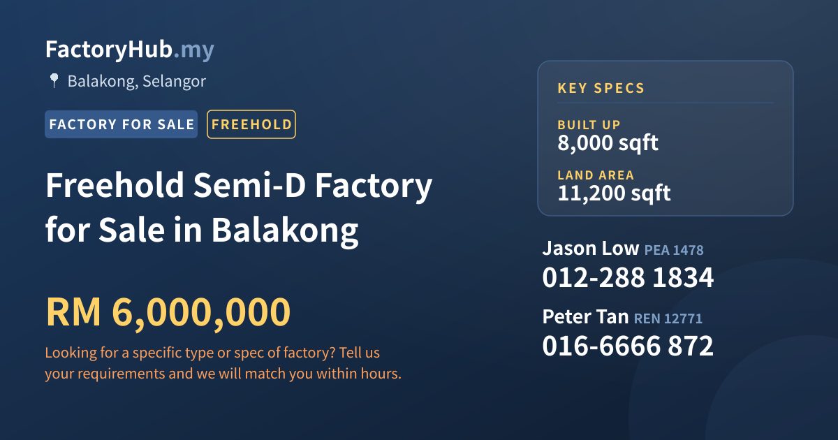 Factory For Sale - Freehold Semi-D Factory for Sale in Balakong - Balakong, Selangor