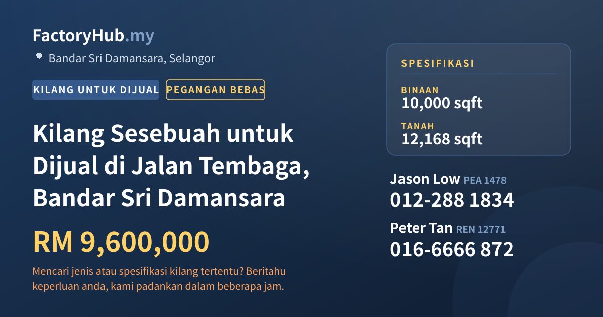 Kilang Untuk Dijual - Kilang Sesebuah untuk Dijual di Jalan Tembaga, Bandar Sri Damansara - Bandar Sri Damansara, Selangor