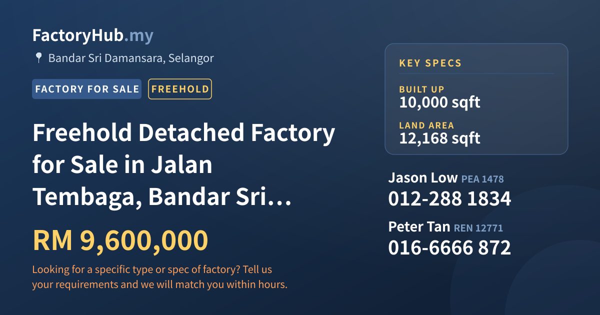 Factory For Sale - Freehold Detached Factory for Sale in Jalan Tembaga, Bandar Sri Damansara - Bandar Sri Damansara, Selangor
