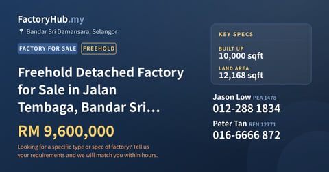 Factory For Sale - Freehold Detached Factory for Sale in Jalan Tembaga, Bandar Sri Damansara - Bandar Sri Damansara, Selangor