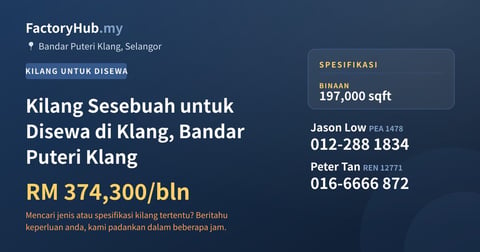 Kilang Untuk Disewa - Kilang Sesebuah untuk Disewa di Klang, Bandar Puteri Klang - Bandar Puteri Klang, Selangor