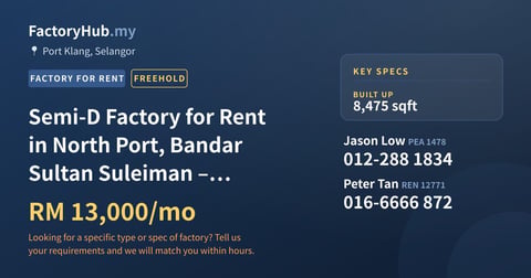 Factory For Rent - Semi-D Factory for Rent in North Port, Bandar Sultan Suleiman – RM13K/mo 8475sf - Port Klang, Selangor