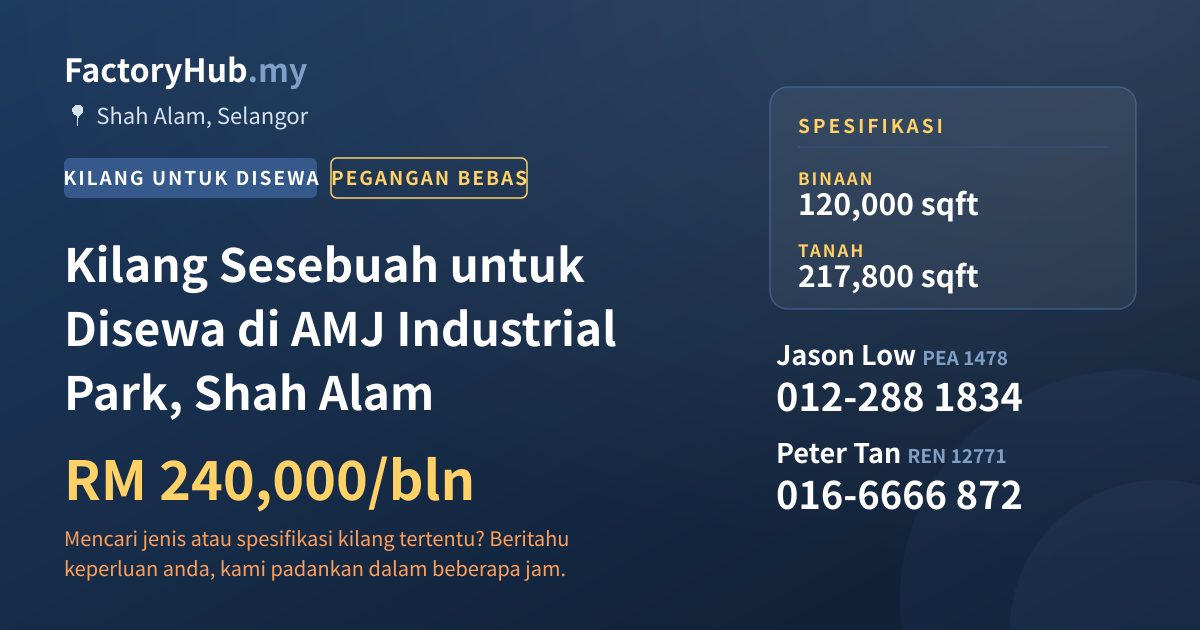 Kilang Untuk Disewa - Kilang Sesebuah untuk Disewa di AMJ Industrial Park, Shah Alam - Shah Alam, Selangor